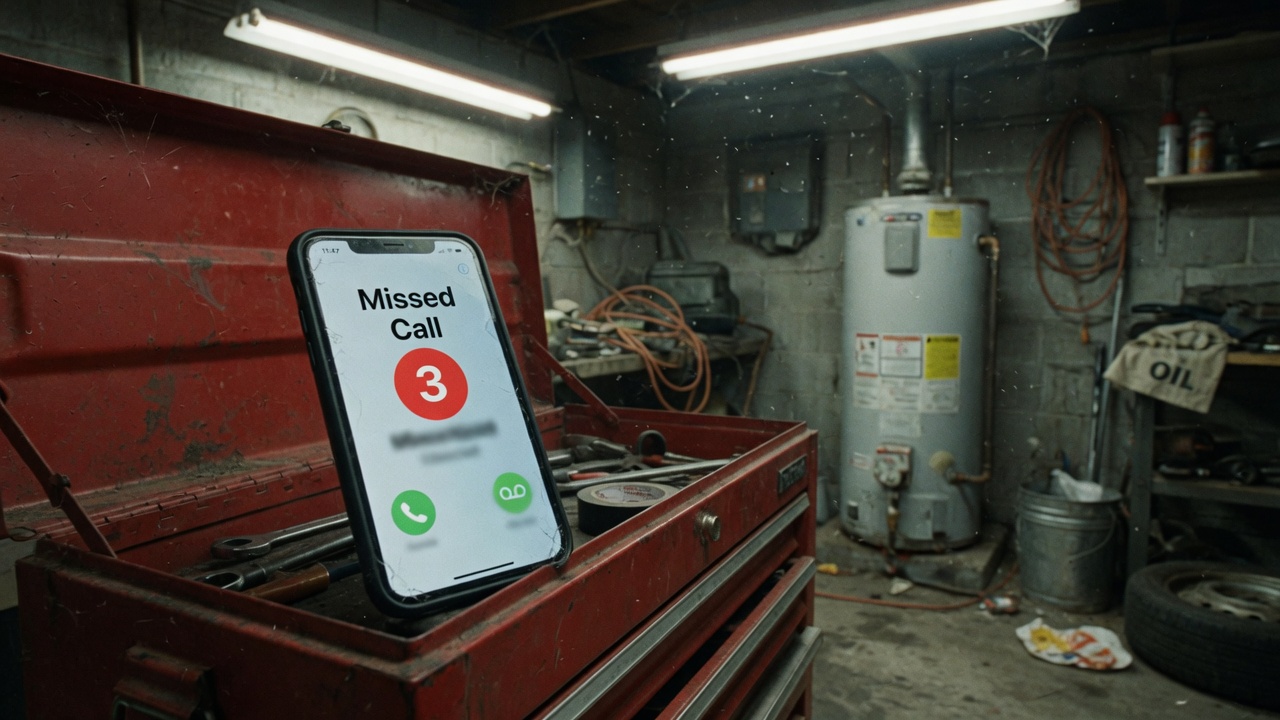 A phone on a toolbox in a basement showing missed calls next to a water heater.