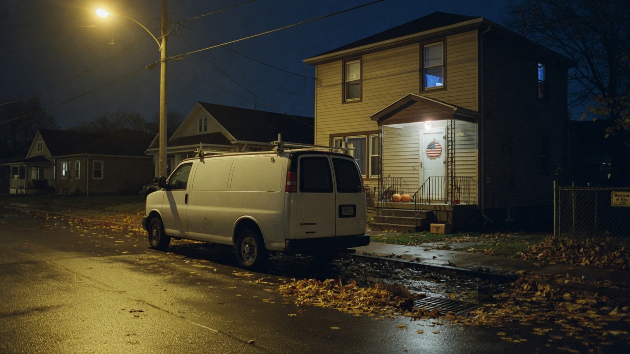 A white work van parked at night under a streetlight in front of a lit porch.