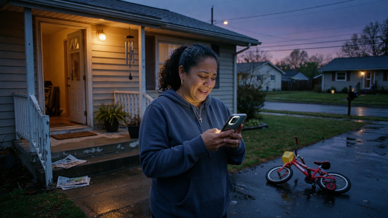 A homeowner on a suburban porch at dusk reading a text with relief.
