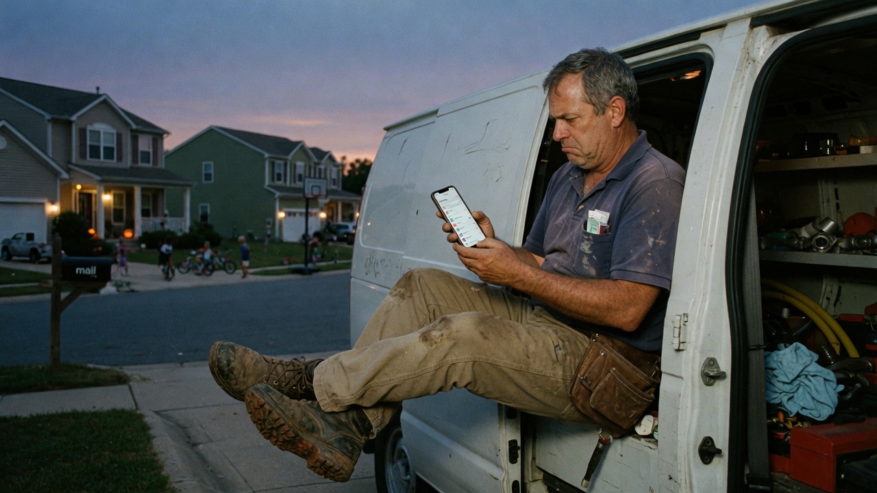 A plumber sitting in the open door of a work van at dusk, frowning at an iPhone.