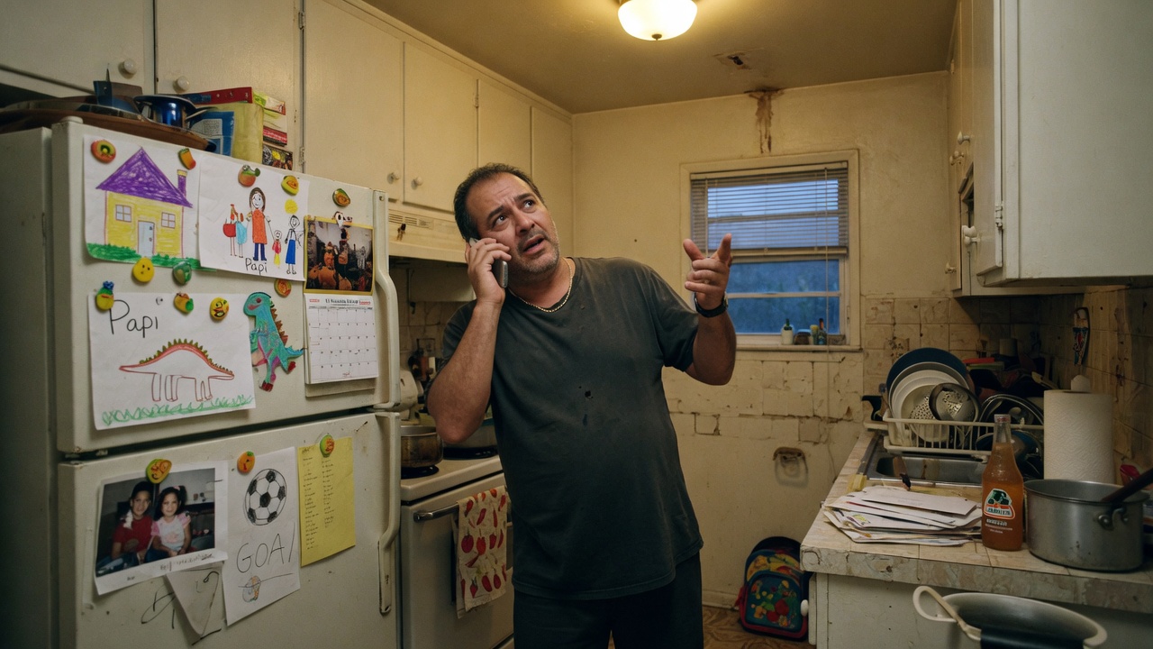 A homeowner in a kitchen talking on the phone, kids’ drawings on the fridge, explaining a problem with his hands.