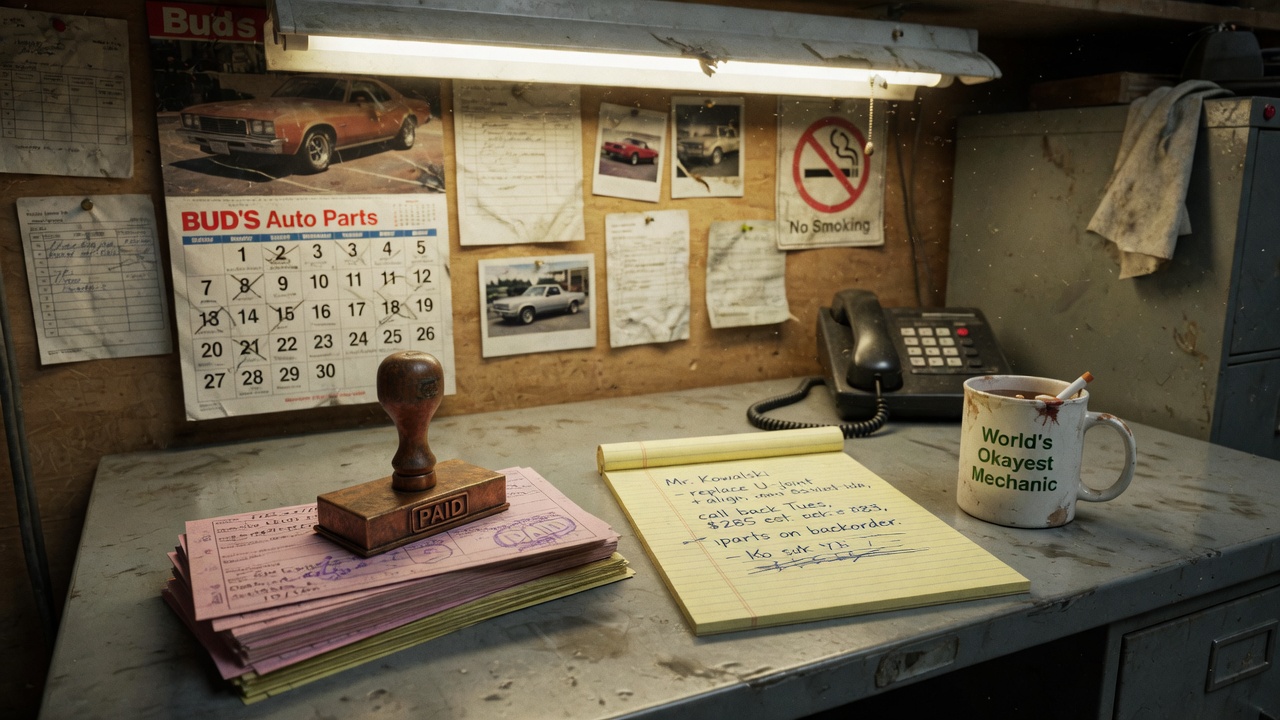 An after-hours shop desk with tickets, a stamp, and a wall phone.