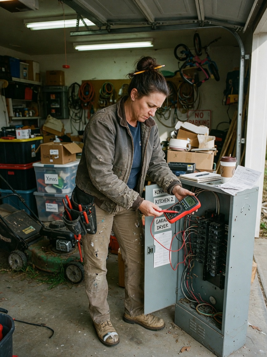 An electrician testing a residential panel in a garage.