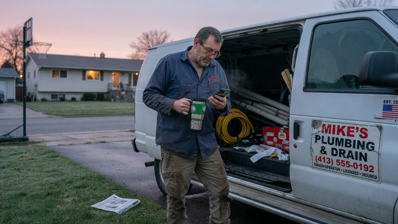 A one-van plumber checking his phone at first light.