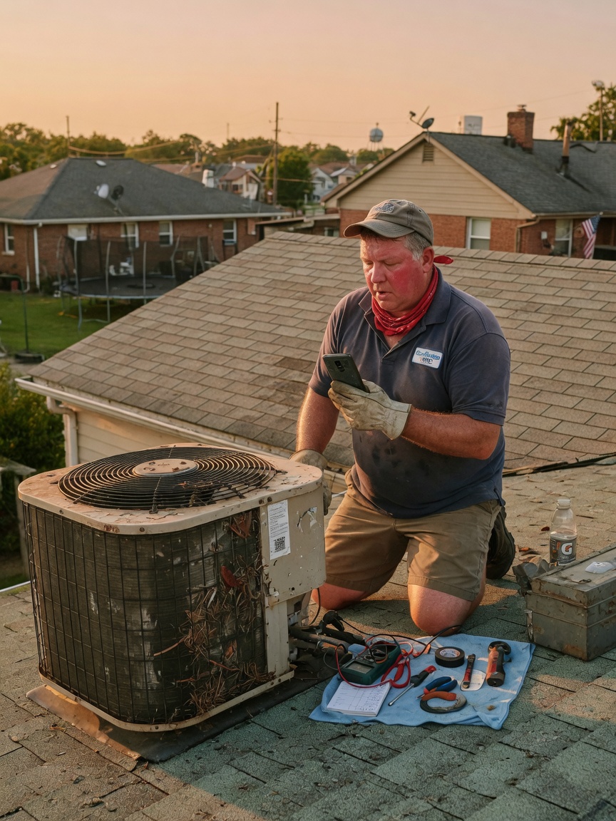 An HVAC tech on a roof checking a call beside a condensing unit.