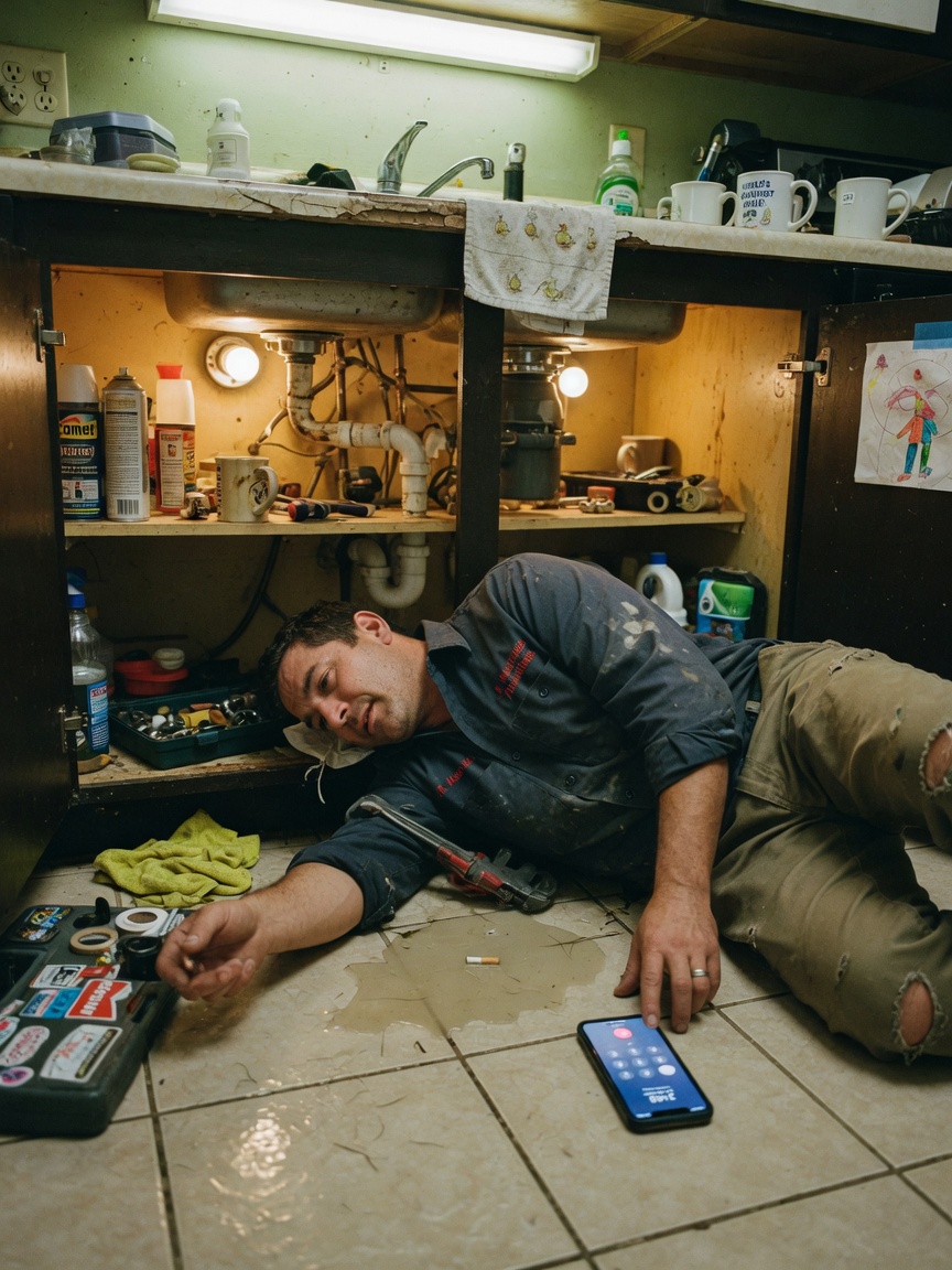A plumber under a kitchen sink, phone ringing on the floor.